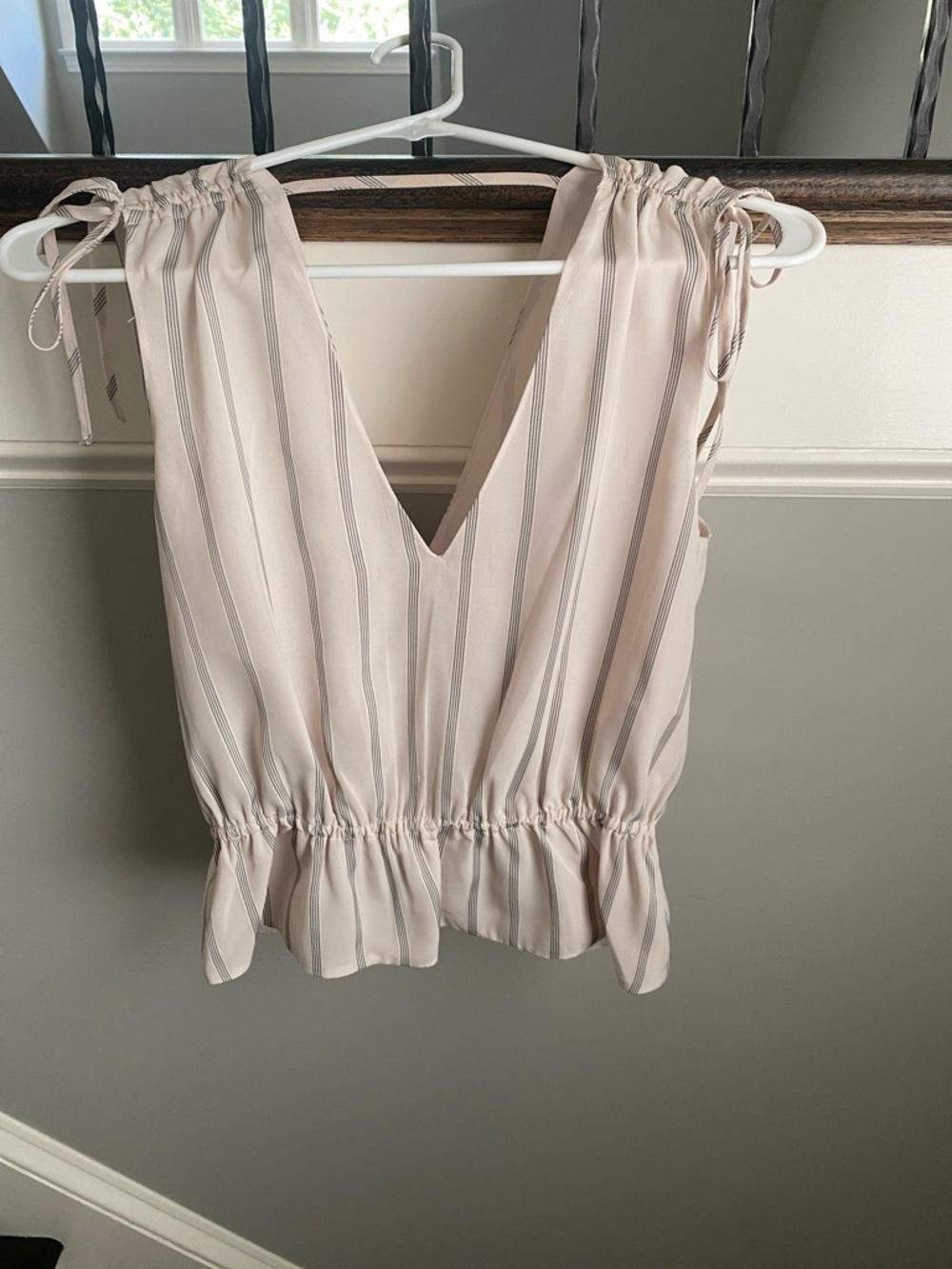 Banana Republic Cream and Gray Striped V-Neck Peplum Camisole
